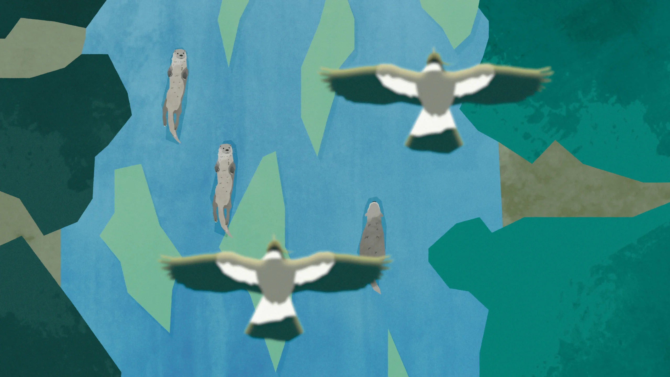 Illustration of birds flying over a river with otters swimming