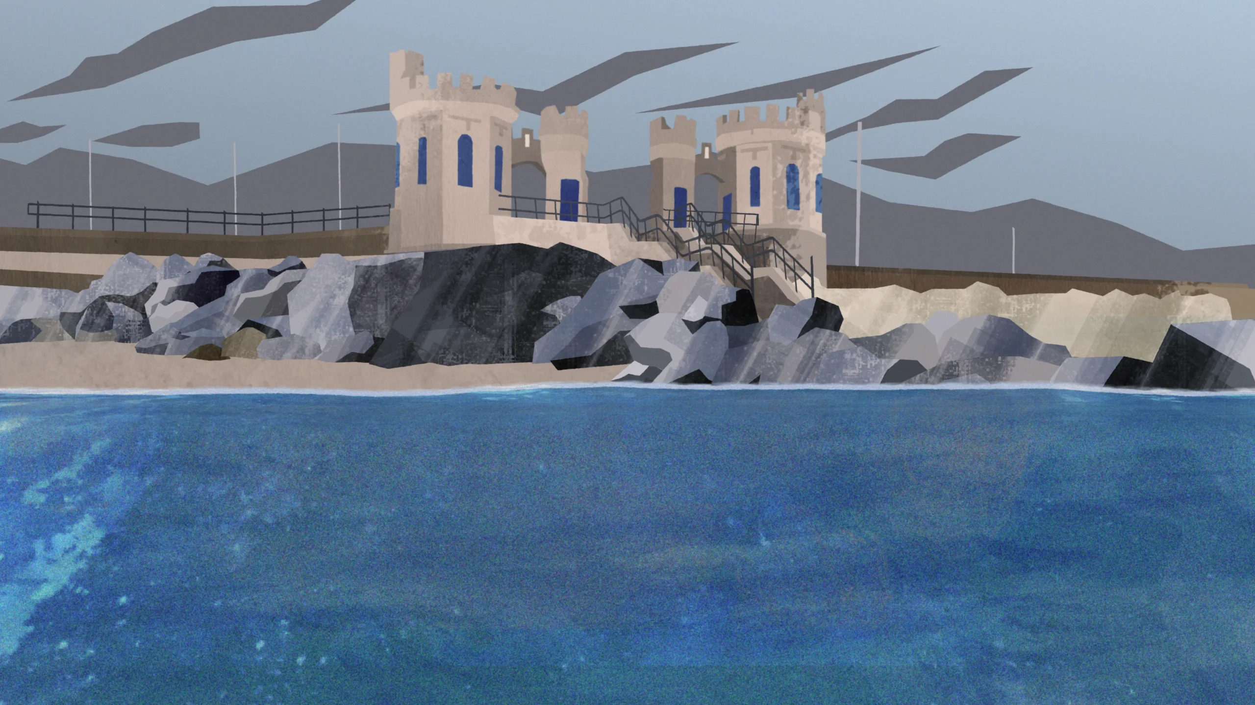 Illustration of a castle on the shore